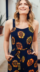 Harper Batik Jumpsuit - Navy, Sunflowers