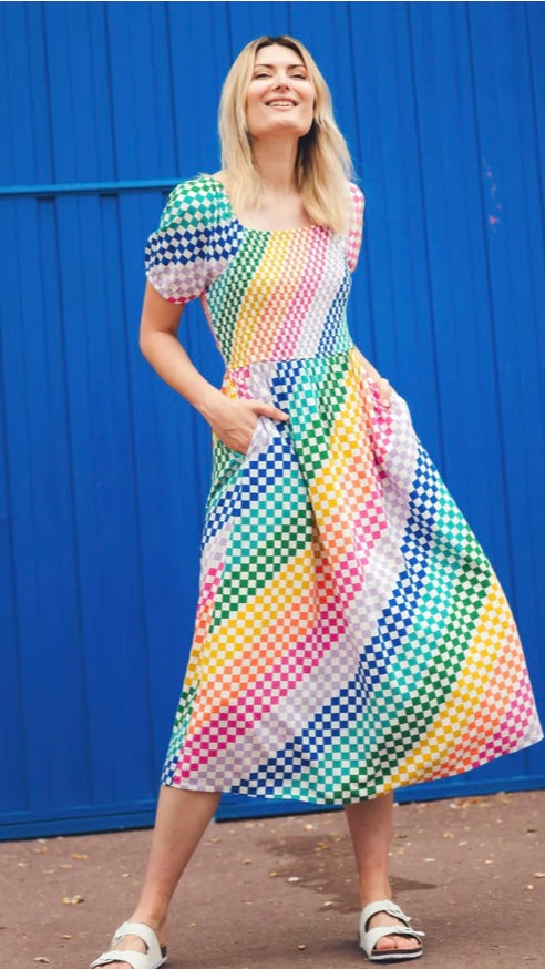 Sugarhill Bridge Jolene Midi Shirred Dress - Multi, Rainbow Checkerboard