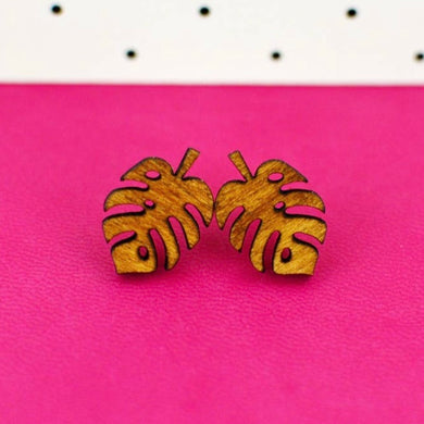 Monstera Stud Earrings Wood