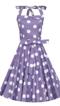 Load image into Gallery viewer, Sophie 1950’s Halter Dress Purple &amp; White Polka