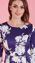 Load image into Gallery viewer, Beatrix Long Sleeved Navy &amp; White Rose MIDI Dress