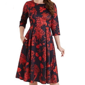 Beatrix Long Sleeved Black MIDI Dress Red Floral