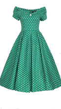 Load image into Gallery viewer, Lily Off Shoulder Green Polka Dot Swing Dress
