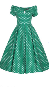 Lily Off Shoulder Green Polka Dot Swing Dress