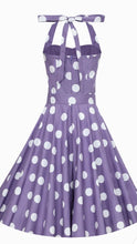 Load image into Gallery viewer, Sophie 1950’s Halter Dress Purple &amp; White Polka