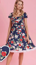 Load image into Gallery viewer, Claudia Navy White &amp; Red Floral Swing Dress