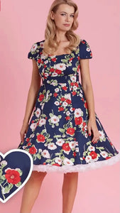 Claudia Navy White & Red Floral Swing Dress