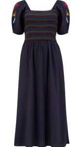 Sugarhill Brighton Lillibet Shirred Dress in Navy with Rainbow Flowers