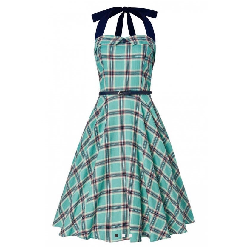 Sophie 1950’s Check Halter Dress Turquoise – Cherry Vintage Chichester