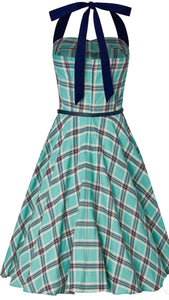 Sophie 1950’s Check Halter Dress Turquoise