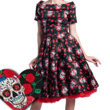 Load image into Gallery viewer, Rockabilly Skulls &amp; Roses Darlene Swing Dress