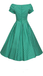 Lily Off Shoulder Green Polka Dot Swing Dress