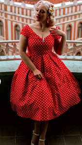 Lily Off Shoulder Red White Polka Dots Swing Dress
