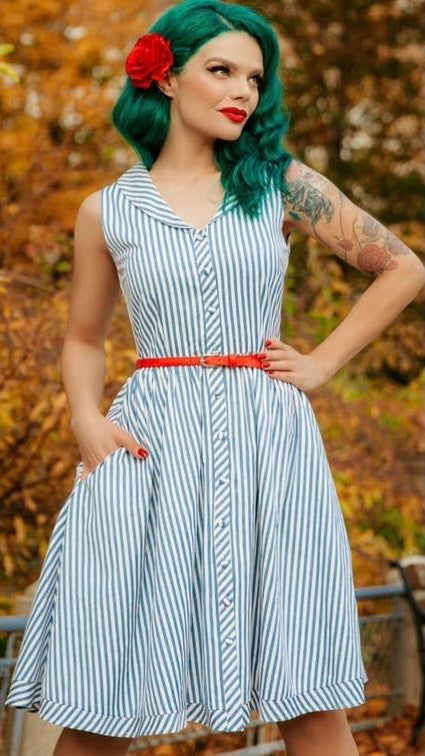 Maverick Blue & White Striped Sleeveless Flared Dress