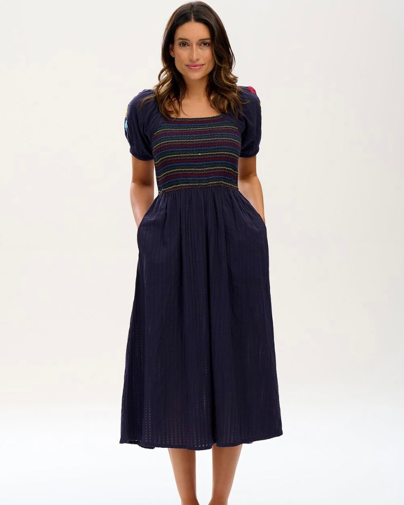 Sugarhill Brighton Lillibet Shirred Dress in Navy with Rainbow Flowers