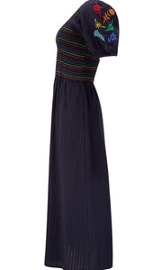 Sugarhill Brighton Lillibet Shirred Dress in Navy with Rainbow Flowers