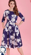 Load image into Gallery viewer, Beatrix Long Sleeved Navy &amp; White Rose MIDI Dress
