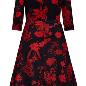 Beatrix Long Sleeved Black MIDI Dress Red Floral